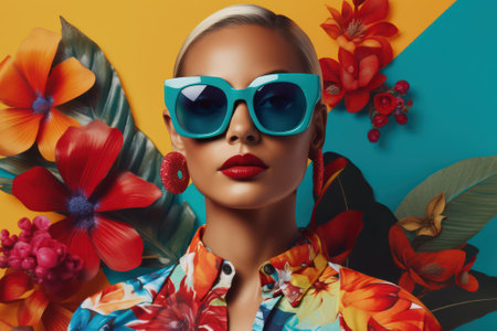 juicy and bright image of a beautiful model in glasses, advertising eyeglass frames on a background of bright colors. Generative AIの素材