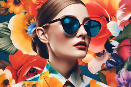 juicy and bright image of a beautiful model in glasses, advertising eyeglass frames on a background of bright colors. Generative AIの素材