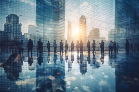 Silhouettes of business people communicating in a company.double exposure.Generative AIの素材