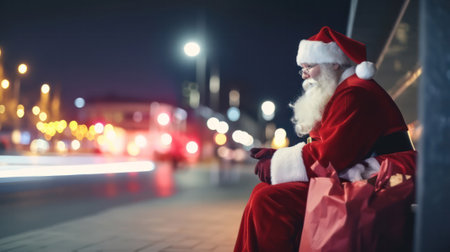 Santa Claus with a bunch of gifts and a red bag is resting on the street against the backdrop of festive illumination. holiday and Christmas concept. Generative AIの素材