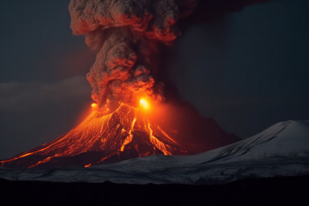 there was a powerful volcanic eruption at night with the release of ash and lava. Generative AIの素材