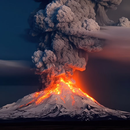 a powerful volcanic eruption occurred with the release of ash and lava. Generative AIの素材