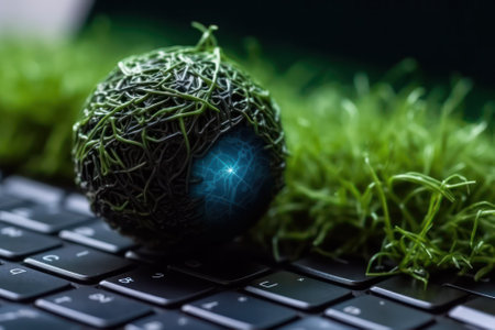 Laptop computer with green grass growing on the keyboard, Save the environment, save a clean planet, ecology concept. Postcard to World Earth Day. Generative AIの素材