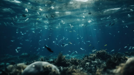 Plastic pollution in ocean environmental problem. Plastic bags and bottles pollute sea. Underwater trash. Generative AIの素材