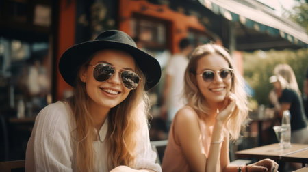 happy young women sitting at a table in a cafe on the street. generative AIの素材