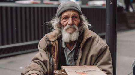 a beggar and homeless man sits on the pavement in the city with a cardboard sign. generative AIの素材