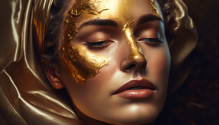 young female model is relaxed with a golden mask on her face. skin rejuvenation of a beautiful woman. Luxury Skin Care Concept. generative AIの素材
