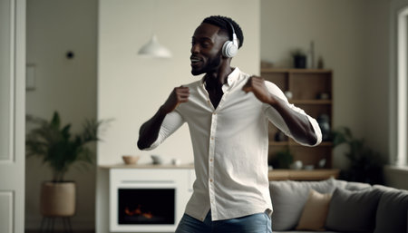 a young black man in headphones listens to music and dances at home. generative AIの素材