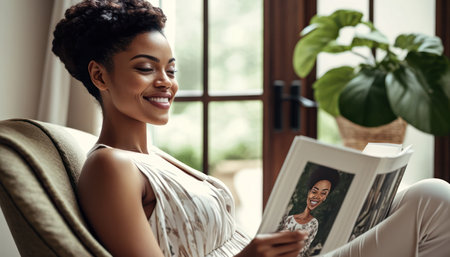 young beautiful black woman sits in a chair, smiles and looks at a magazine. generative AIの素材