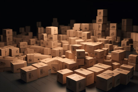 Pile of cardboard boxes near the wall indoors, space for text. moving day. generative AIの素材