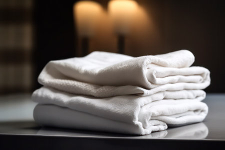 washed clean white towels lie folded on a wooden surface. day of washing and cleanliness. Generative AIの素材
