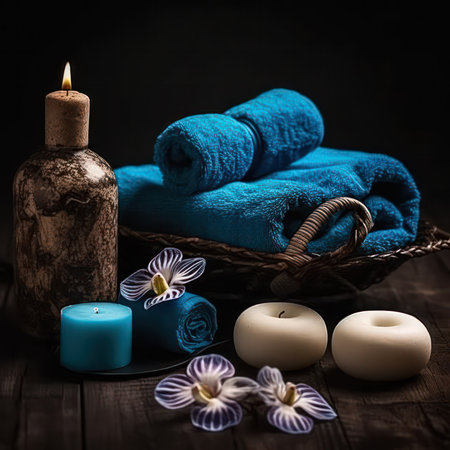 Spa Still Life with Candles for Cosmetic Beauty Spa Treatment. Aromatherapy body care therapy for women with candles for relaxation and wellness.Generative AIの素材