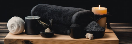 Thai spa massage. Spa treatment cosmetic beauty. Therapy aromatherapy for care body women with candles for relax wellness. Aroma and salt scrub setting ready healthy lifestyle, copy space for banner. Generative AIの素材