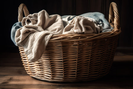 Wicker basket with laundry close-up. Washday. Generative AIの素材