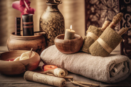 Spa Still Life with Candles for Cosmetic Beauty Spa Treatment. Aromatherapy body care therapy for women with candles for relaxation and wellness.Generative AIの素材