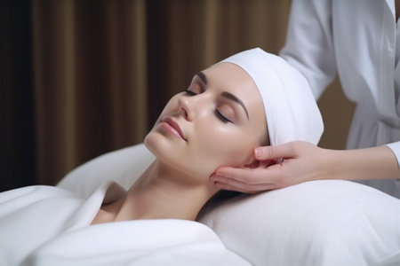 Hands of cosmetologist making manual relaxing rejuvenating facial massage for young woman in beauty salon. Rejuvenating facial massage in cosmetology. Generative AIの素材