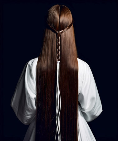 Rear view of a woman with long straight hair and small braids as part of her hairstyle. Generative AIの素材