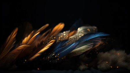 abstract background.blue and gold lush bird feathers on a dark background. generative AIの素材