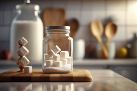 sugar in a glass jar on a wooden table against the background of a blur image of the kitchen. Generative AI.の素材