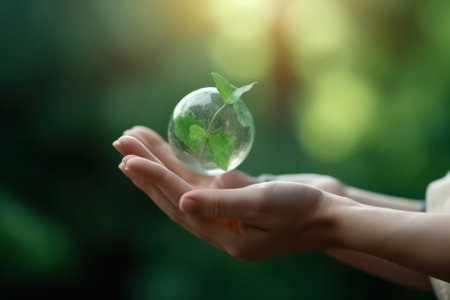 Earth crystal glass ball and a growing tree in a human hand, on a green sunny background. Save the environment, save a clean planet, ecological concept. Postcard to World Earth Day. Generative AIの素材