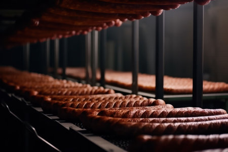 Industrial production of meat products and sausages. conveyor with sausage. Generative AIの素材