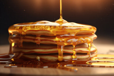a stack of pancakes pouring honey on them in a stream on a dark background rustic style. Generative AIの素材