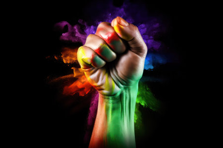 Rainbow colors painted hand raised making fist on a black background. LGBT pride symbol. Generative AIの素材