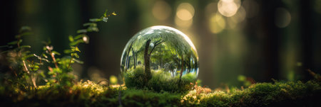 Environment concept, a crystal ball lies on a moss in the forest, reflection of the forest. concept and theme of nature, environmental protection. relaxation. glass material. Generative AIの素材