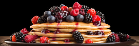 Homemade american pancakes with fresh blueberry, raspberries and honey. Healthy morning breakfast. rustic style. Generative AIの素材
