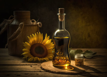 a bottle of sunflower oil stands on a wooden table.sunflower flower.rustic style. generative AIの素材