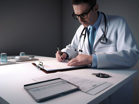 a young male doctor fills out and studies the documents in the medical clinic. the concept of medicine and health. Generative AIの素材