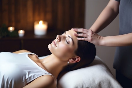 Hands of cosmetologist making manual relaxing rejuvenating facial massage for young woman in beauty salon. Rejuvenating facial massage in cosmetology. Generative AIの素材