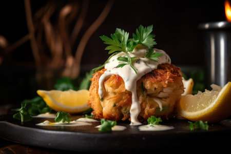 fish cakes with white sauce with herbs and lemon on a black plate. Rustic Style. Generative AIの素材