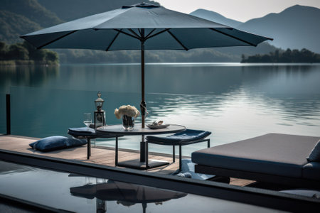table under a parasol from the sun on the pool terrace on a sunny day. Generative AIの素材