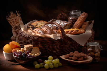 Products in a wicker basket including vegetables, fruits, sauces, bakery and dairy products and wine isolated on a wooden table against a dark background. Generative AIの素材