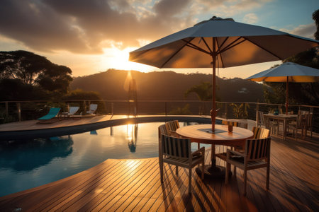 table under a parasol from the sun on the pool terrace on a sunny day. Generative AIの素材