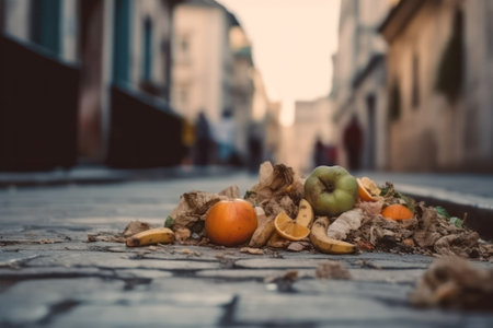 fruit and vegetable peelings and garbage are lying in the city on the street. the concept of environmental protection, cleanliness and ecology. Generative AIの素材