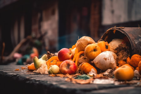 fruit and vegetable peelings and garbage are lying in the city on the street. the concept of environmental protection, cleanliness and ecology. Generative AIの素材