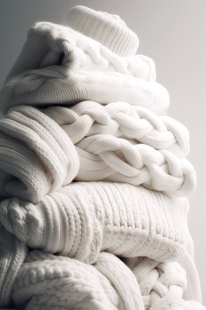 a stack of folded light knitted sweaters on a light background. Generative AIの素材