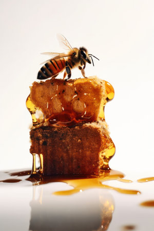 bees sit on a stack of honeycombs on a light background.Generative AIの素材