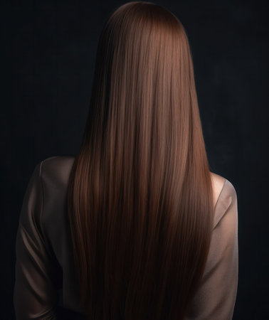 brunette with long perfectly silky smooth and beautiful hair rear .view on a dark background. Generative AIの素材