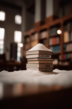 a stack of books lies in the snow and covered with snow against the background of the library. Generative AIの素材