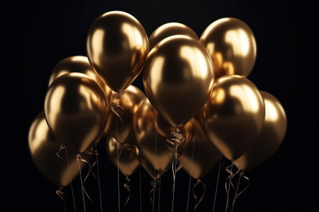 golden balloons on a black background .place free space for text. copy space .holiday concept postcard or banner.の素材