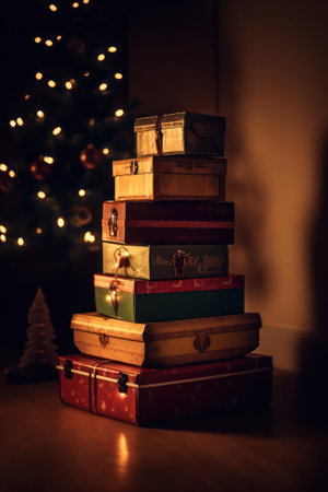 a mountain of Christmas gifts By the fireplace and a New Years Christmas tree with illumination. warm mood of Christmas and holiday. Generative AIの素材