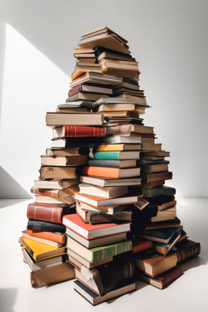 pyramid of books lying on the floor on a light background. Generative AIの素材