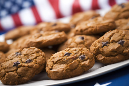 Happy USA Flag Day Homemade cookies with a pattern lies on a wooden table against the background of the American flag.の素材