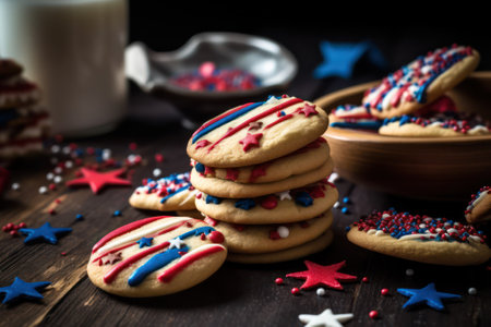 Happy USA Flag Day Homemade cookies with a pattern lies on a wooden table against the background of the American flag.の素材