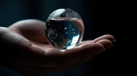 planet Earth in the form of a transparent drop of water on the palm of a person. the concept of the fragility of the planet and respect for the environment. Generative AIの素材