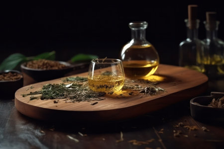 olive oil with herbs on a wooden board on a dark background. Generative AIの素材