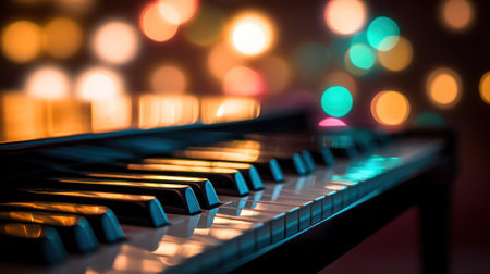 innovative non-standard keyboard of a futuristic grand piano against the background of festive illumination. Generative AIの素材